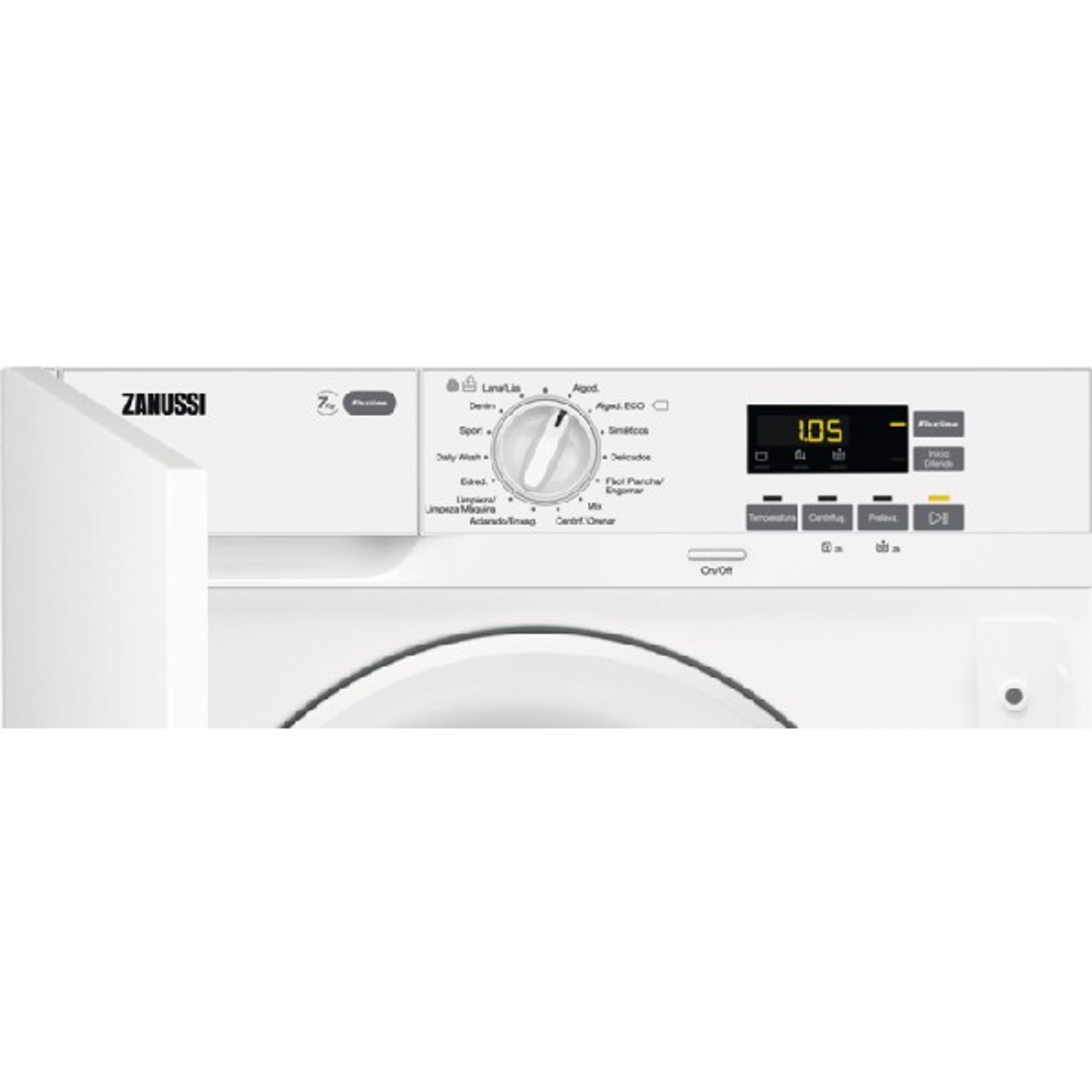 Panel de control blanco de lavadora Zanussi con dial y pantalla digital.