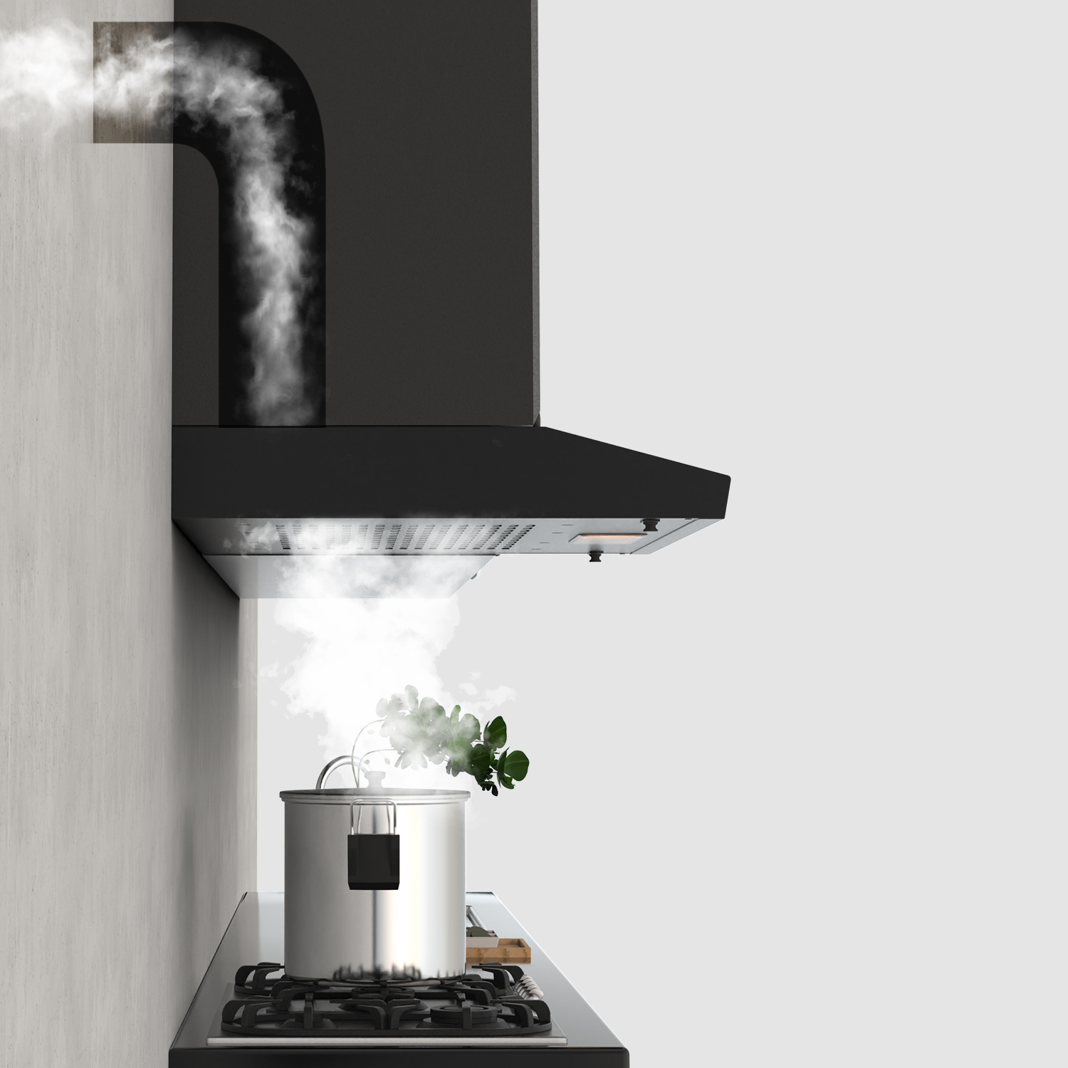 Escena de cocina con campana extractora negra y olla en la estufa, con vapor.