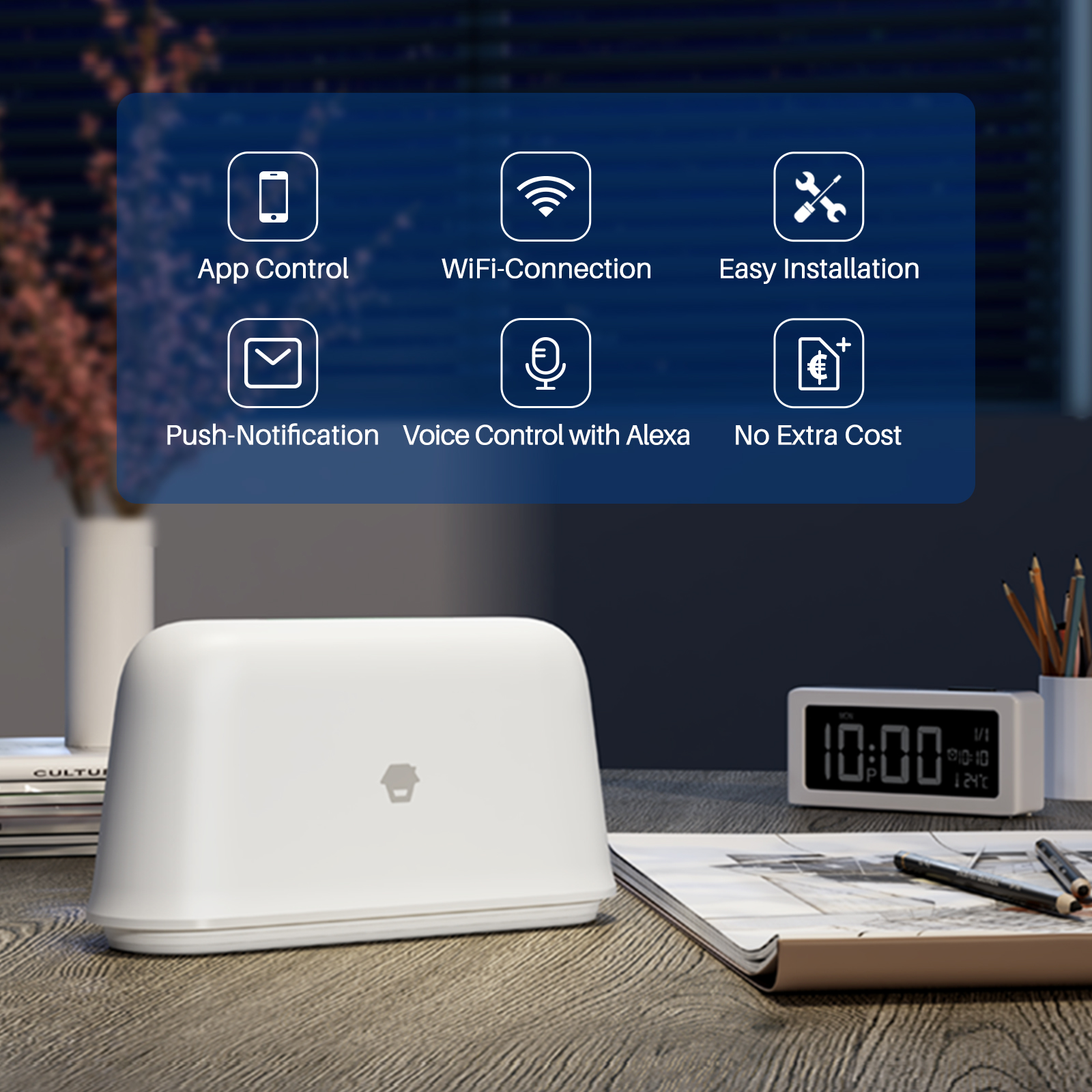 Weißer Smart-Home-Hub mit Symbolen. Symbole stehen für: App-Steuerung, WLAN, Installation usw.
