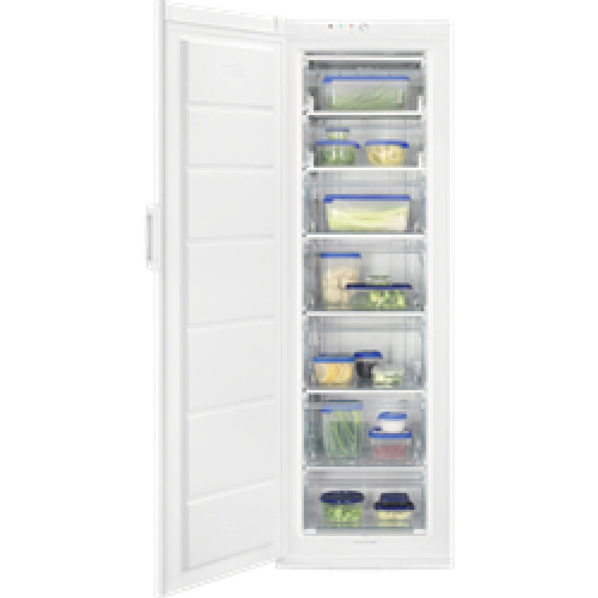 Congelador vertical blanco con la puerta abierta, mostrando estantes con recipientes de comida.