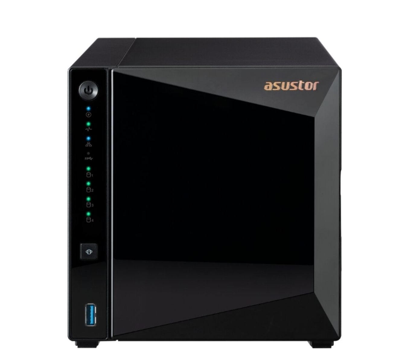 Schwarzer NAS-Server mit Ein- und Aus-Schalter und Kontrollleuchten. Der Markenname 'asustor' ist sichtbar.