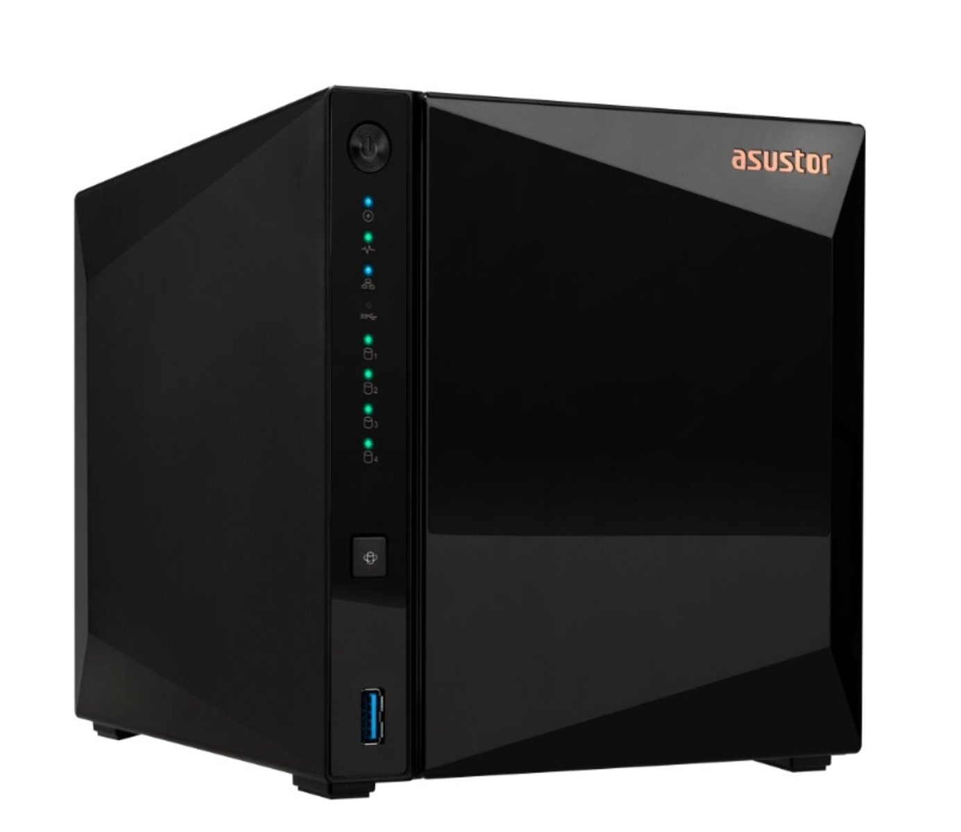 Ein schwarzer Asustor NAS-Server mit Lichtern auf der Vorderseite und dem Asustor-Logo in Kupfer.