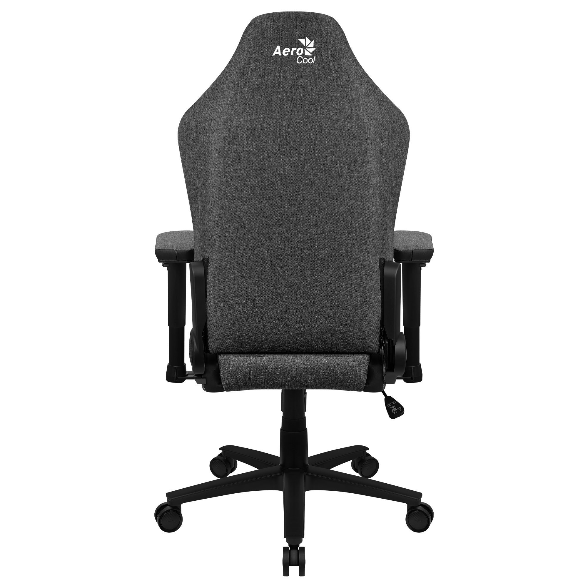 Szary fotel gamingowy AeroCool, widok z tyłu, na białym tle.