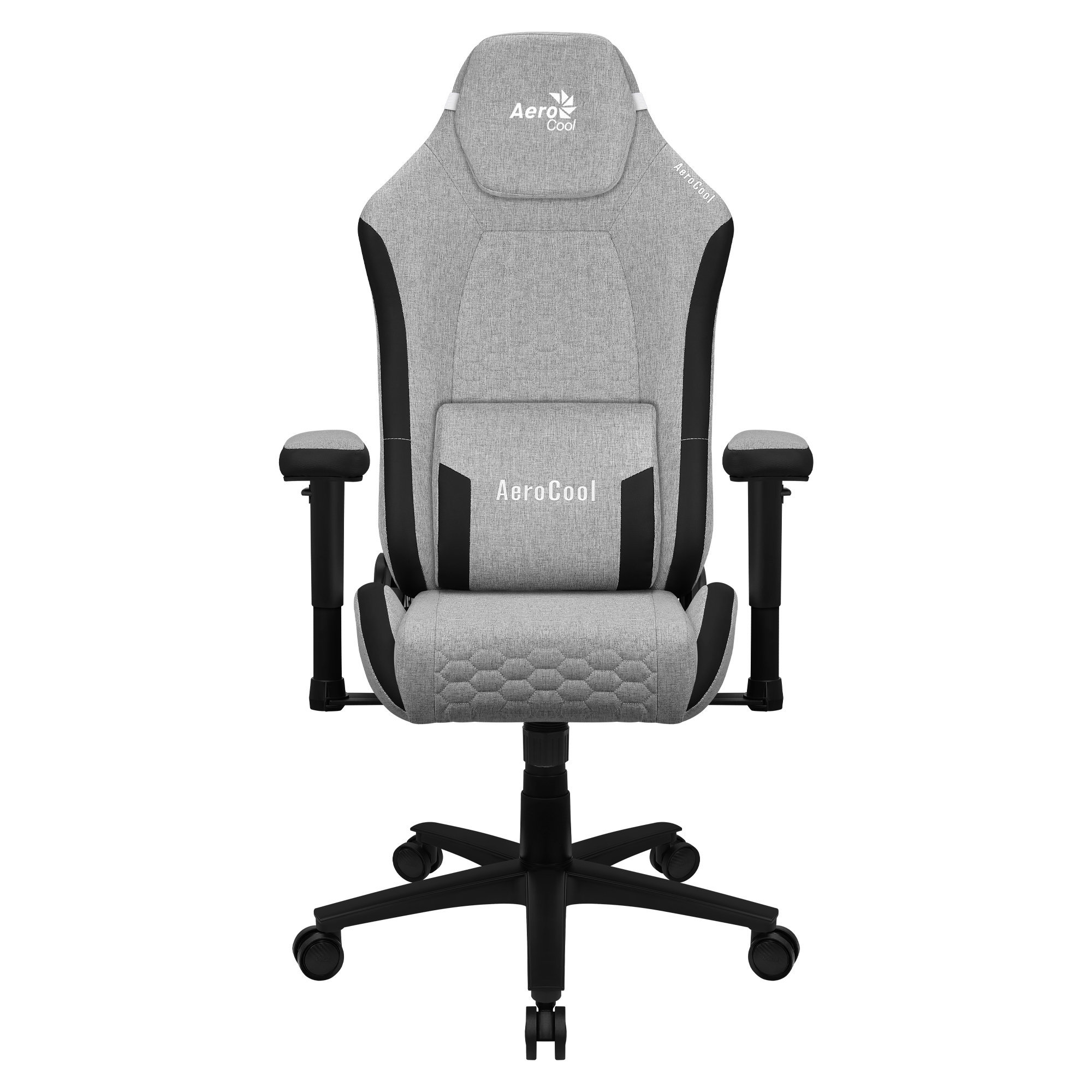 Szary fotel gamingowy AeroCool. Krzesło ma czarne akcenty i logo na zagłówku.