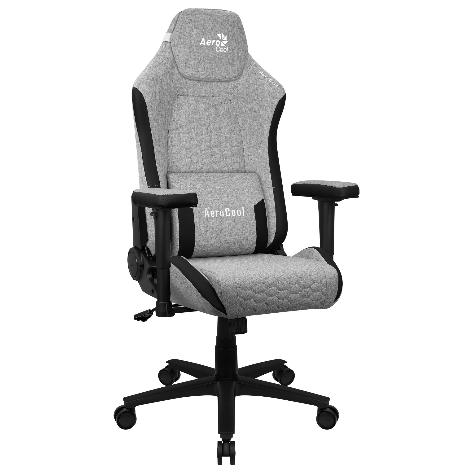Szaro-czarny fotel gamingowy AeroCool, pokazujący przód i bok.