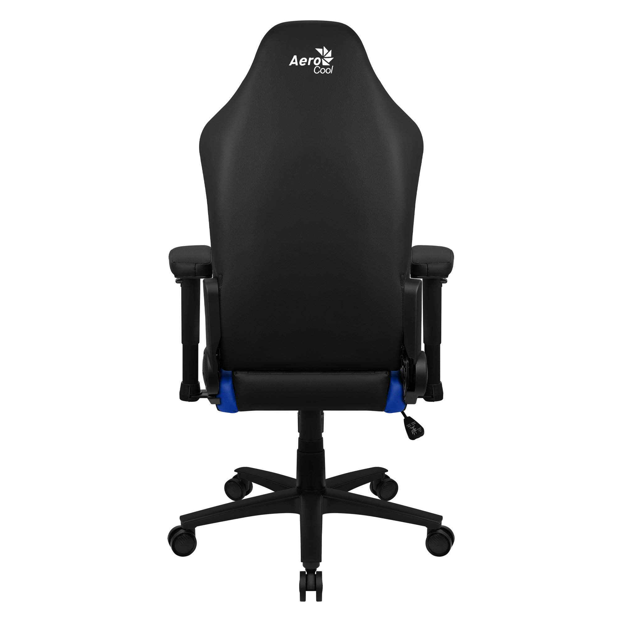 Silla gaming, negra con detalles azules, logo AeroCool en el reposacabezas.