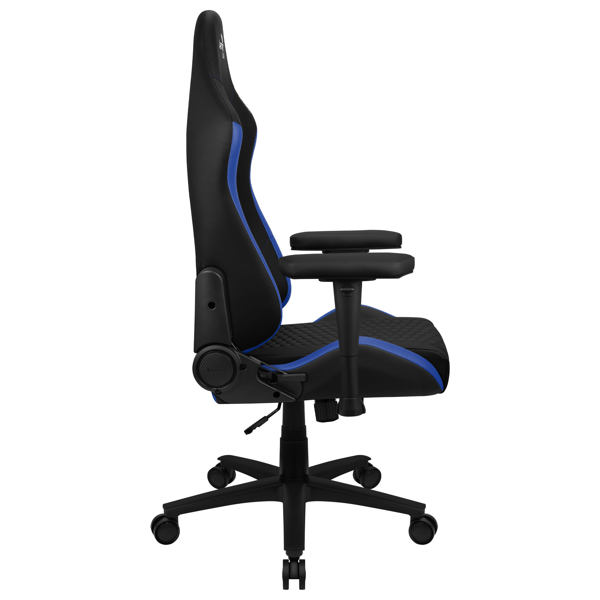 Una silla gaming negra y azul en vista de perfil.