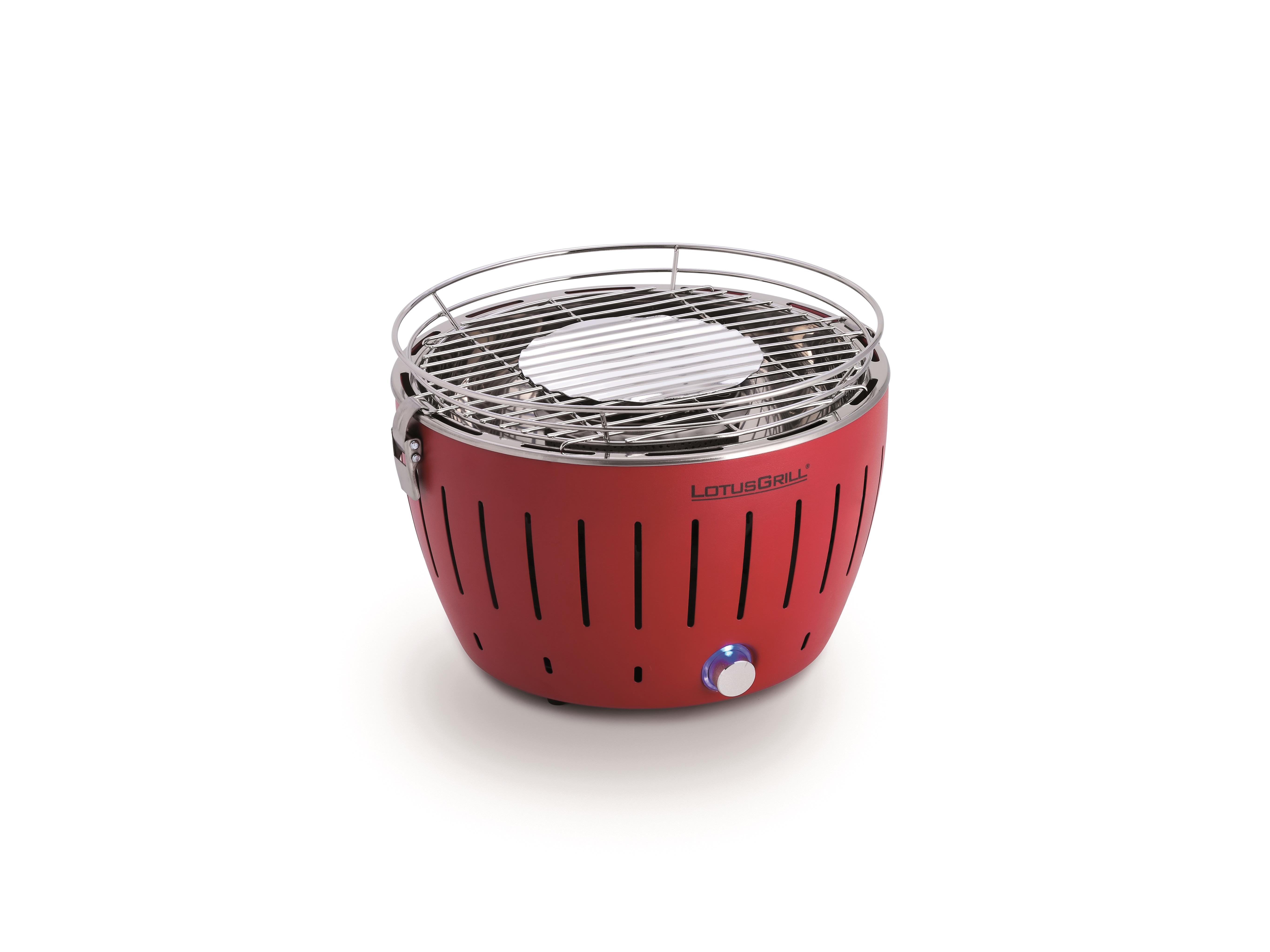 Roter LotusGrill-Grill. Es ist ein runder, roter Grill mit silberner Grilloberfläche und einem Bedienknopf.