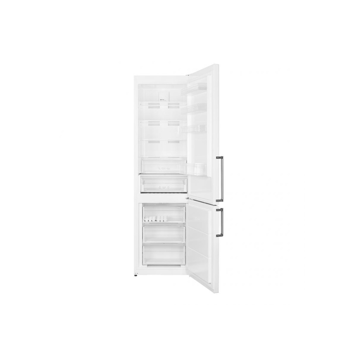 Un refrigerador blanco con la puerta abierta, revelando estantes y cajones.