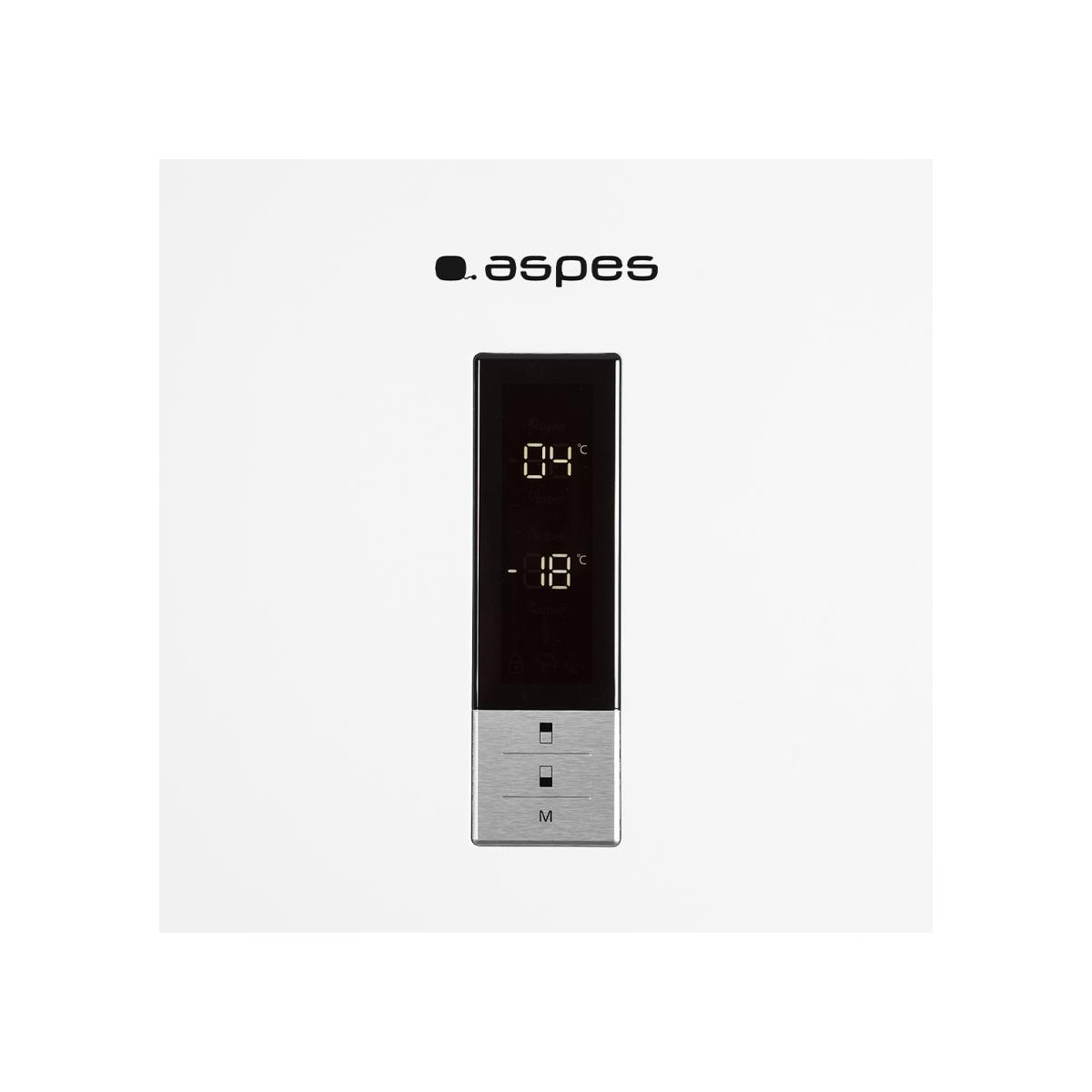 Primer plano del panel de control de un refrigerador Aspes, mostrando la pantalla de temperatura y los botones.
