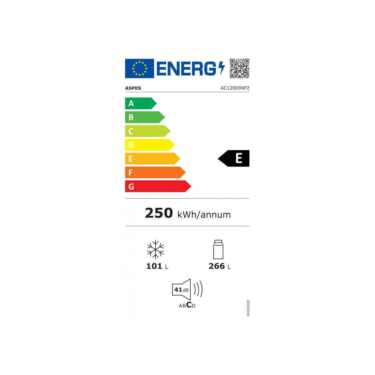 Etiqueta energética de frigorífico ASPES, clase E.