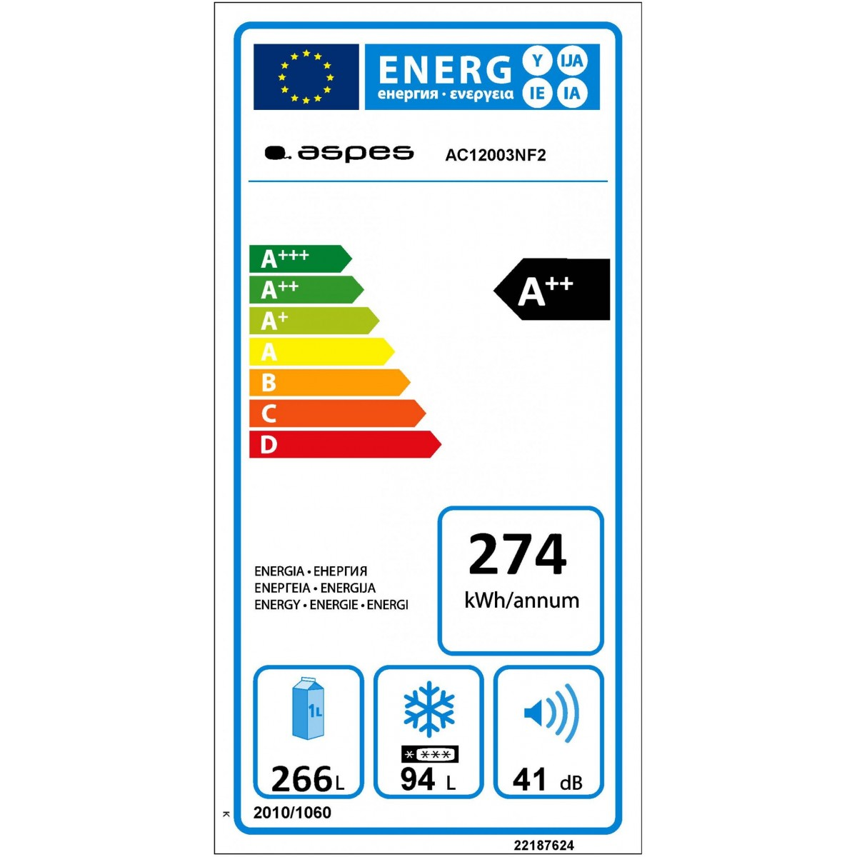Etiqueta energética con clasificaciones y detalles del producto.