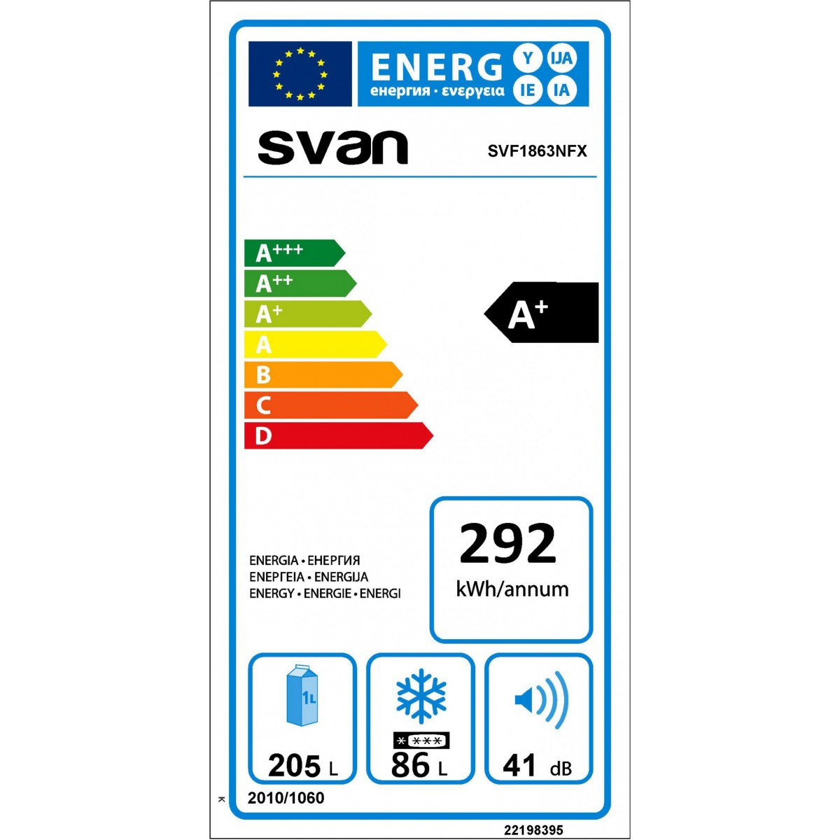 Etiqueta energética para un refrigerador Svan, con información de eficiencia.