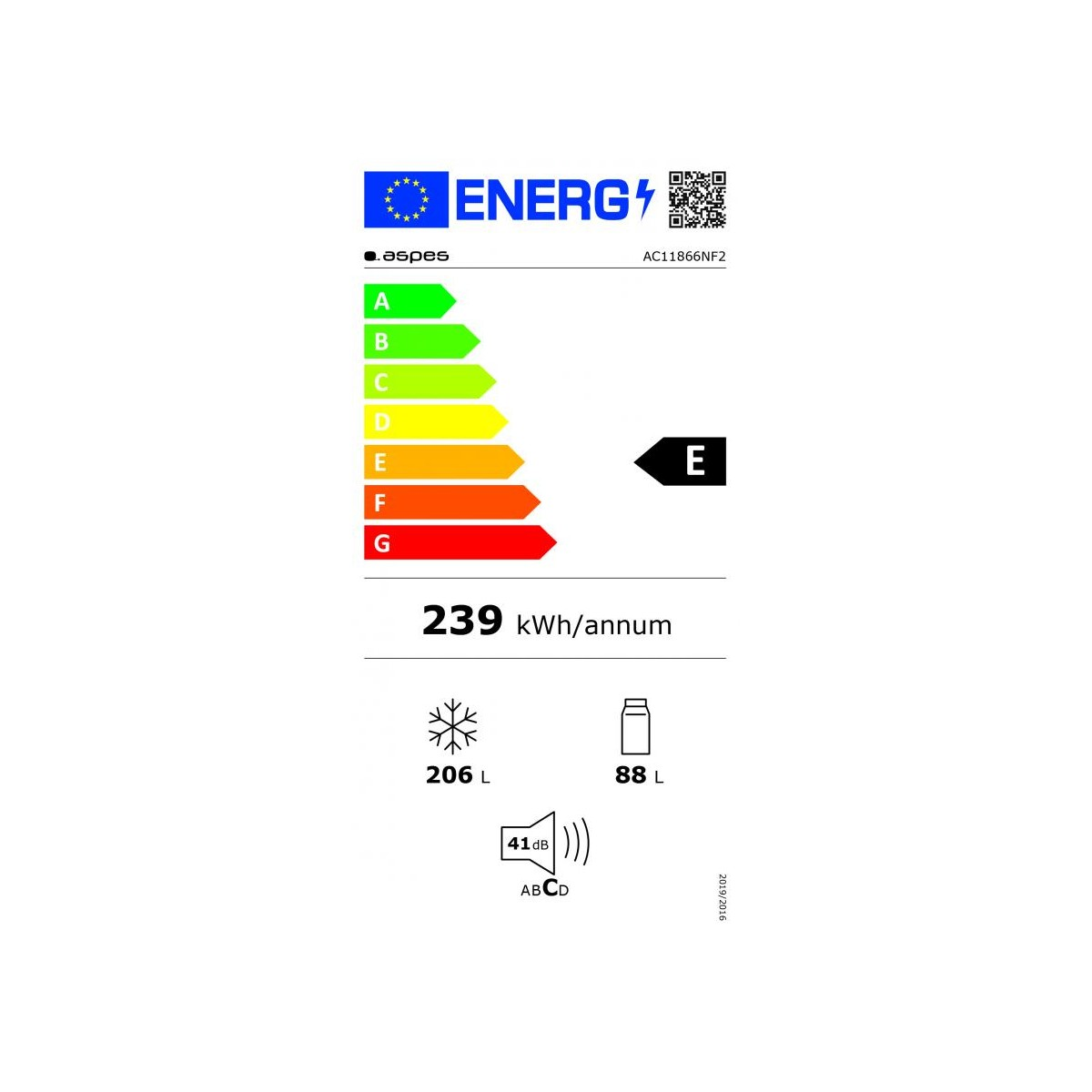 Etykieta energetyczna dla lodówki Aspes. Ocena E dla efektywności energetycznej. Pokazuje kWh, objętość i hałas.
