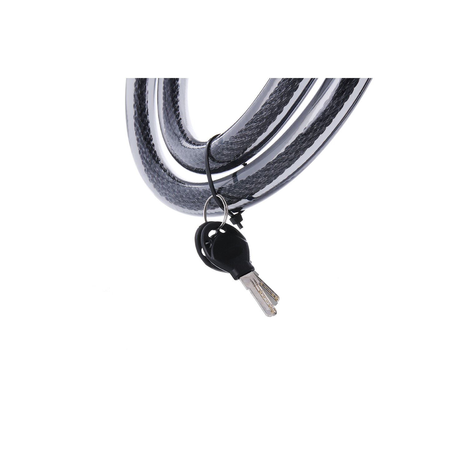 Ein dickes, silbernes Kabel ist geschlungen. Schlüssel sind daran befestigt, mit schwarzem Kunststoff um die Schlüssel.