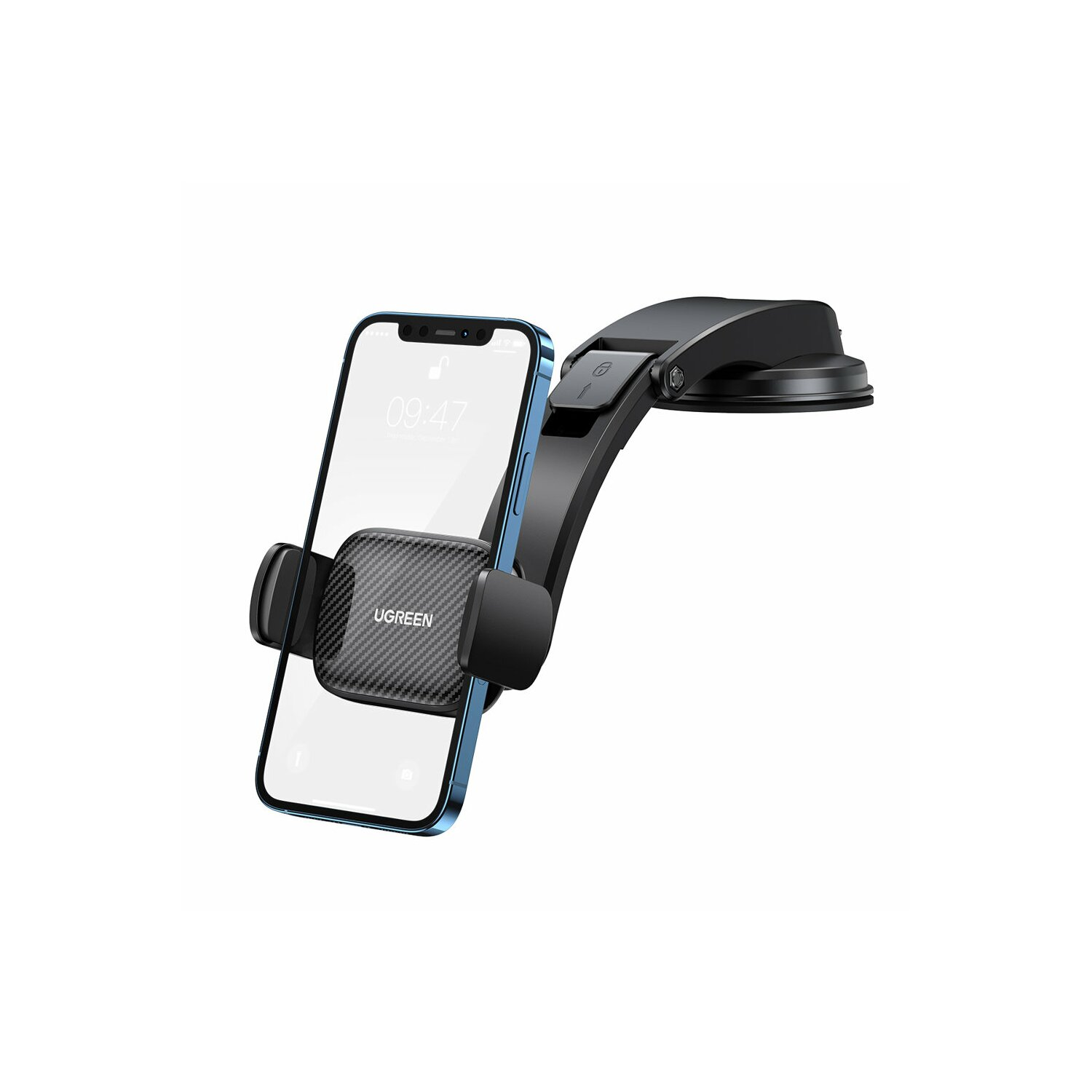 Ein Autotelefonhalter mit einem Telefon. Das Telefon zeigt die Uhrzeit an. Der Hintergrund ist weiß.