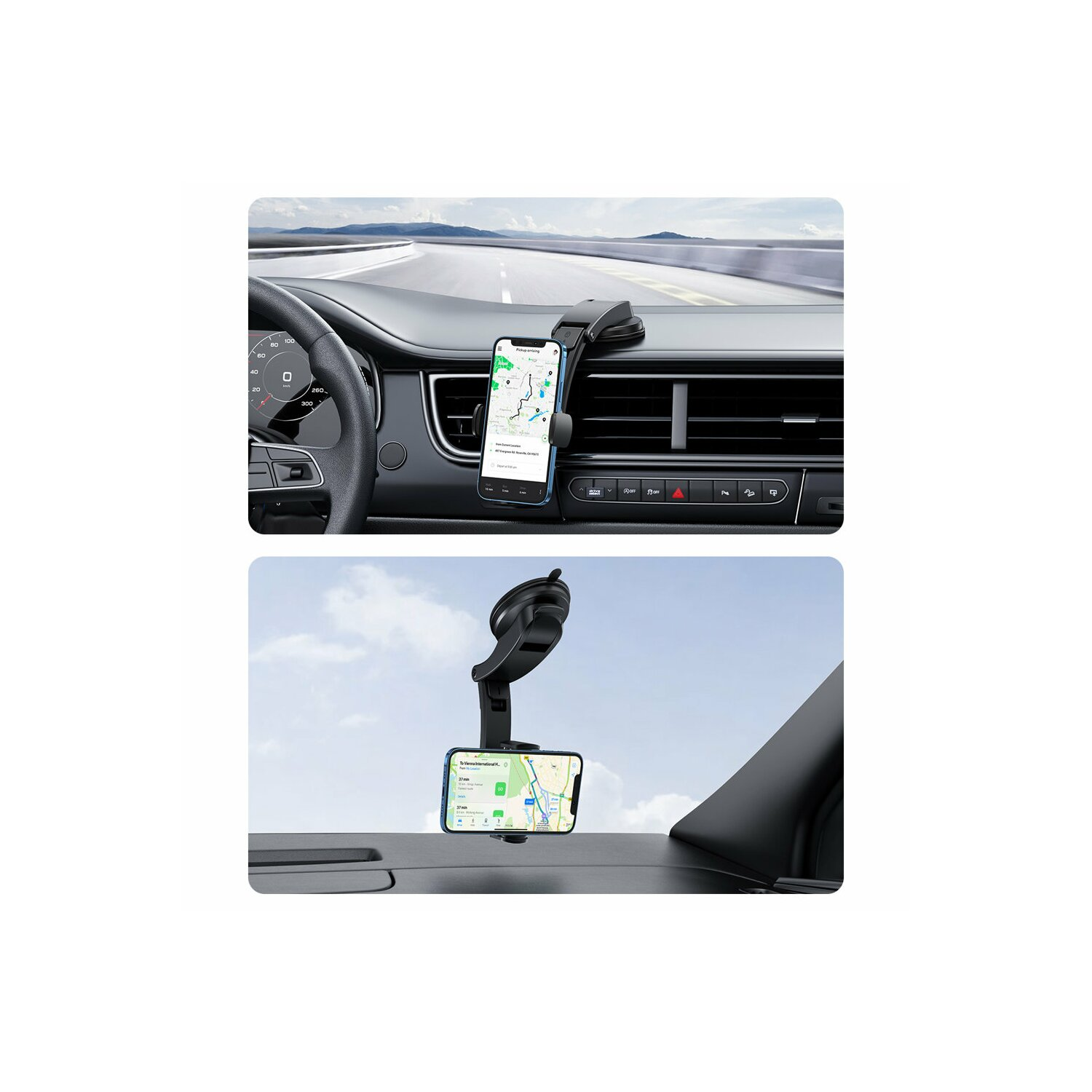 Zwei Bilder eines Telefonhalters in einem Auto, eines auf dem Armaturenbrett, eines auf der Windschutzscheibe.