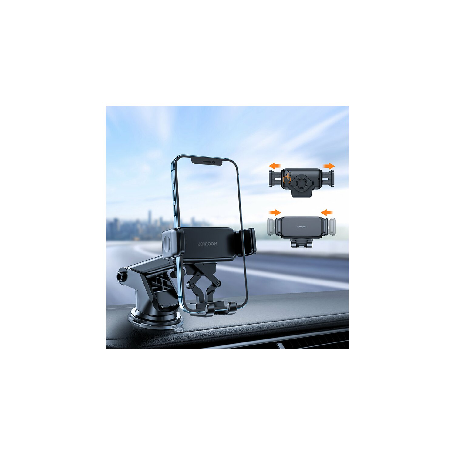 Czarny uchwyt na telefon w samochodzie. Dwa mniejsze uchwyty.