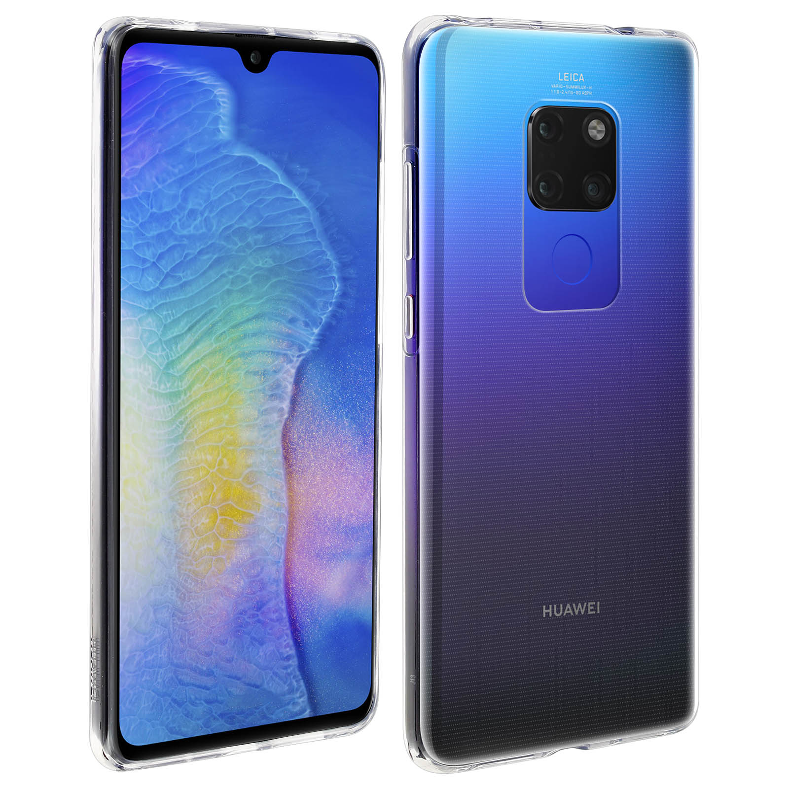 Smartphone links, Display anzeigend. Rechtes Telefon hat eine transparente Hülle.