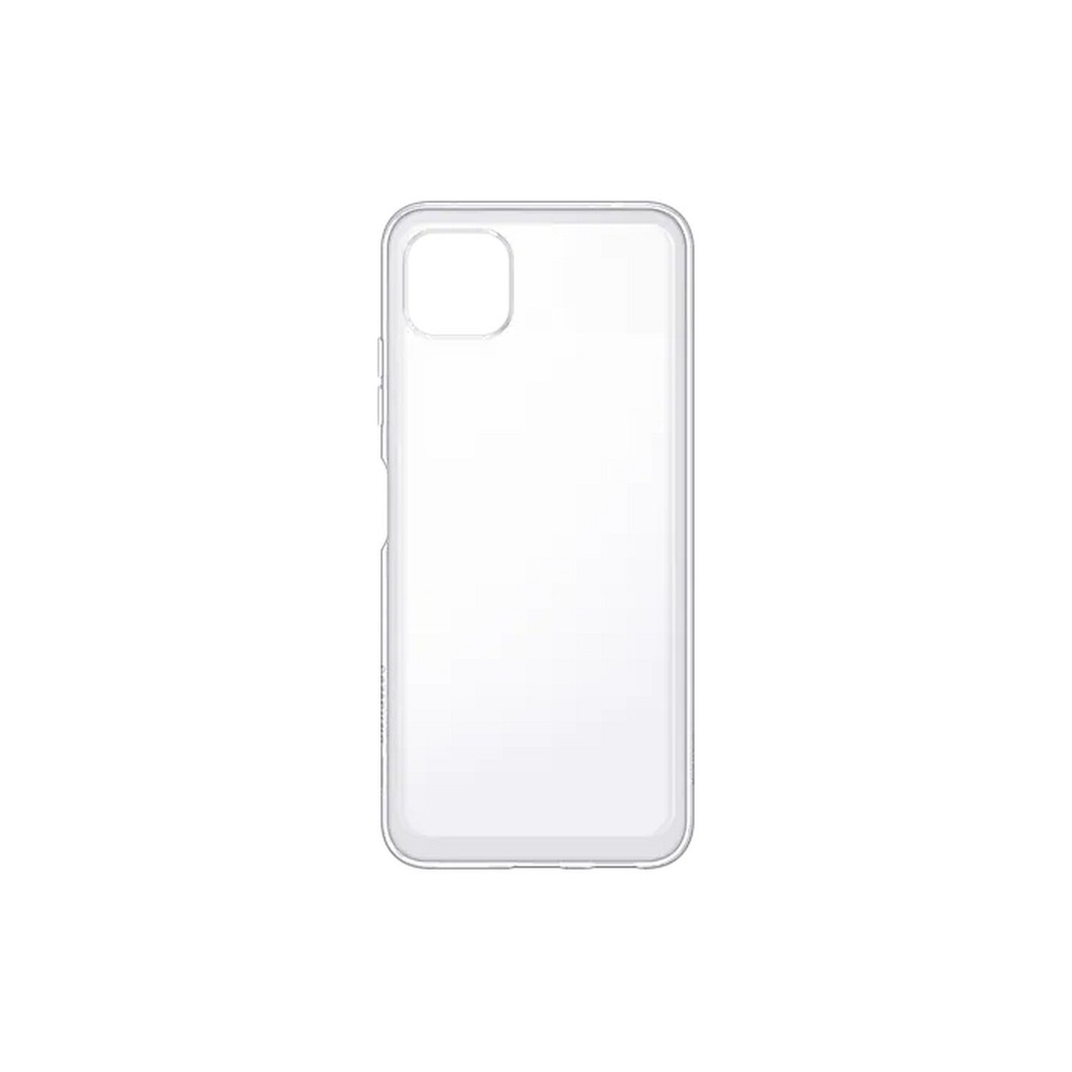 Funda transparente para teléfono con recorte de cámara, sobre fondo blanco.