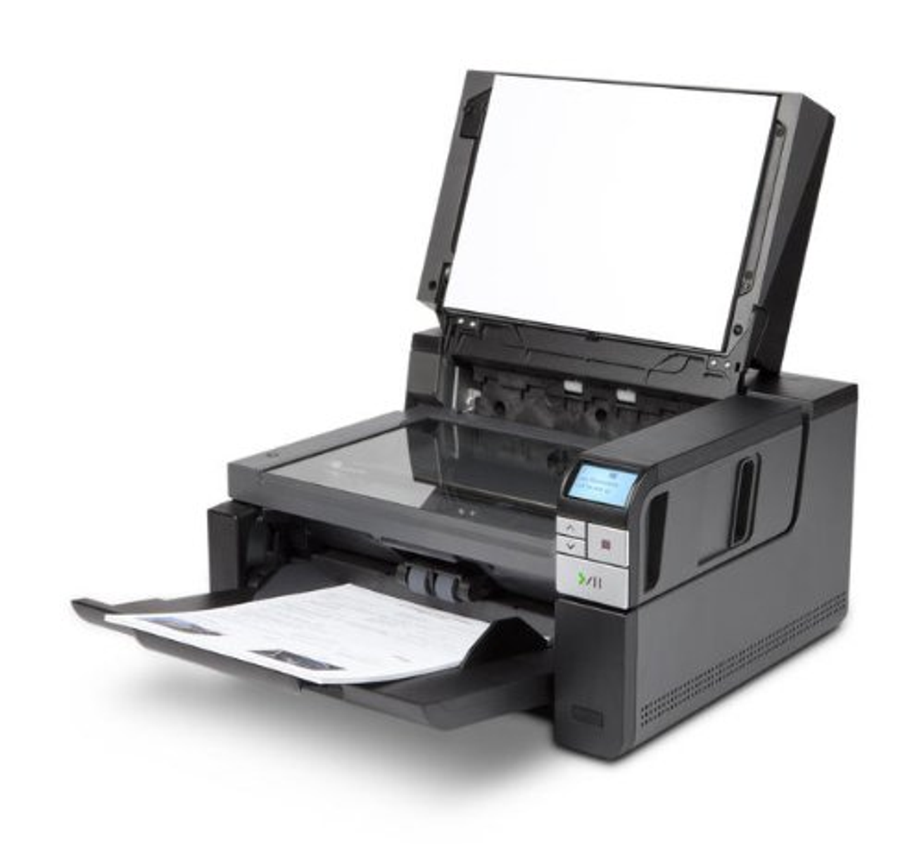 Uno scanner aperto con un documento sul vassoio. Lo scanner è nero e ha uno schermo.