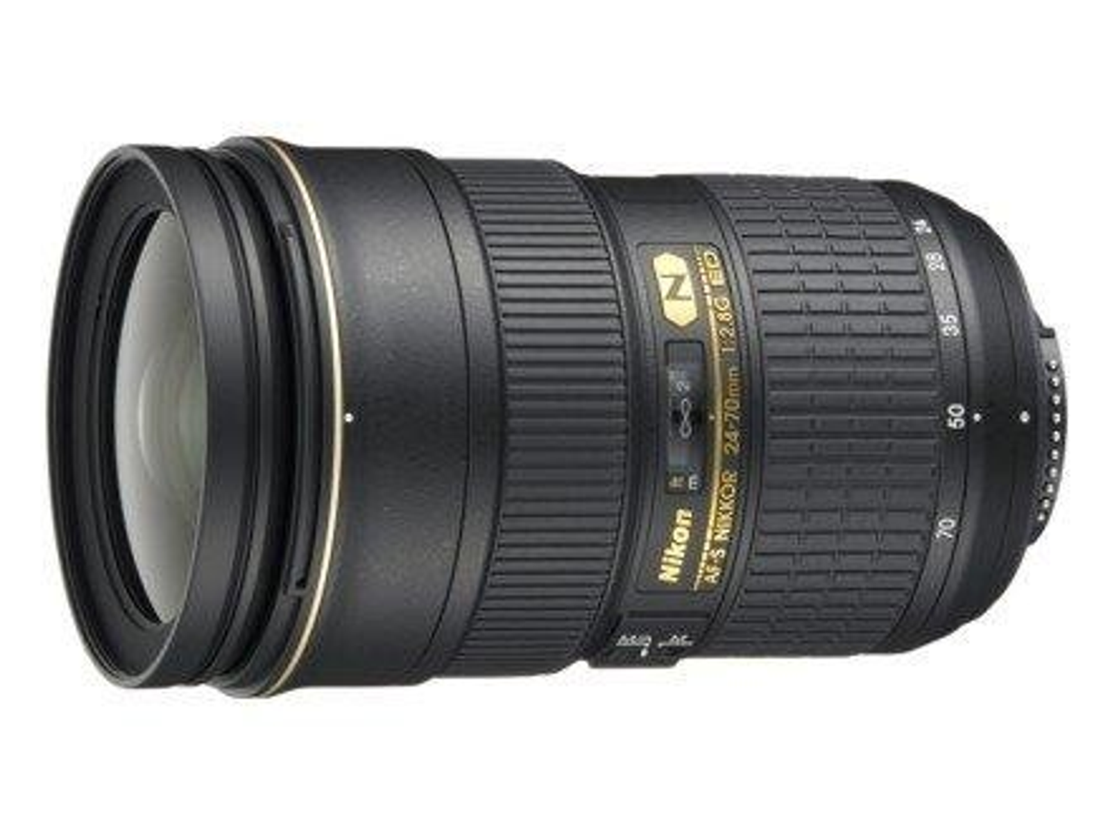 Ein schwarzes Nikon AF-S Nikkor 24-70mm f/2.8G ED Objektiv. Das Objektiv wird vor weißem Hintergrund gezeigt.