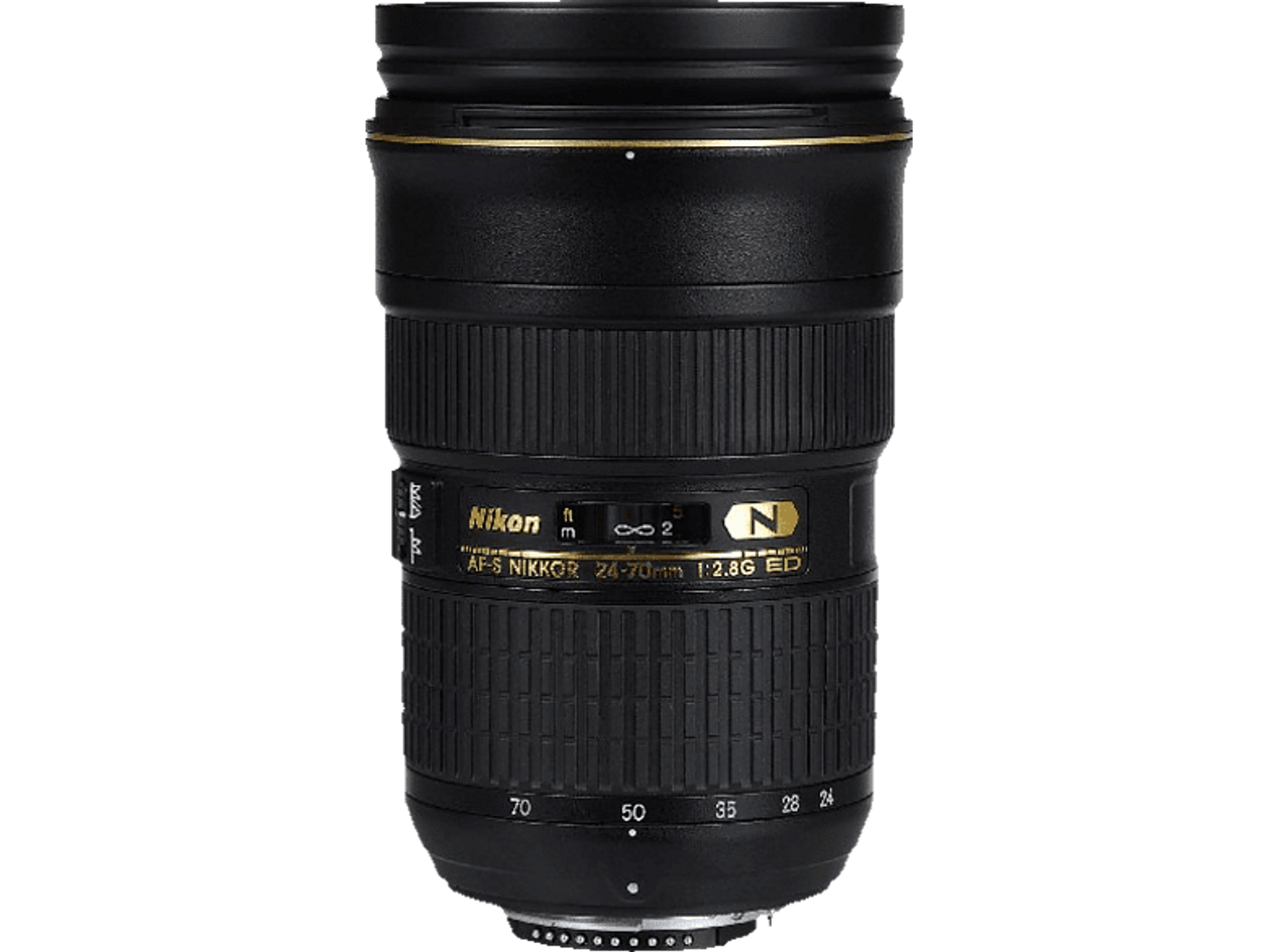 Schwarzes Nikon Kameraobjektiv, detaillierte Ansicht, mit Markierungen und Etiketten.