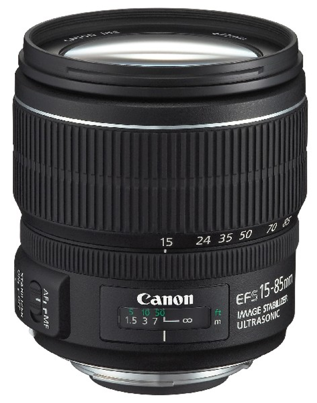 Canon EFS 15-85mm Objektiv, schwarz, mit Fokus- und Zoommarkierungen.
