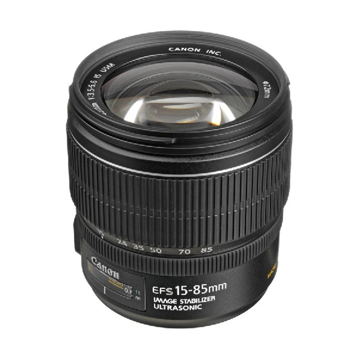 Ein schwarzes Canon Kameraobjektiv mit dem Text 'EFS 15-85mm' und anderen Details auf weißem Hintergrund.