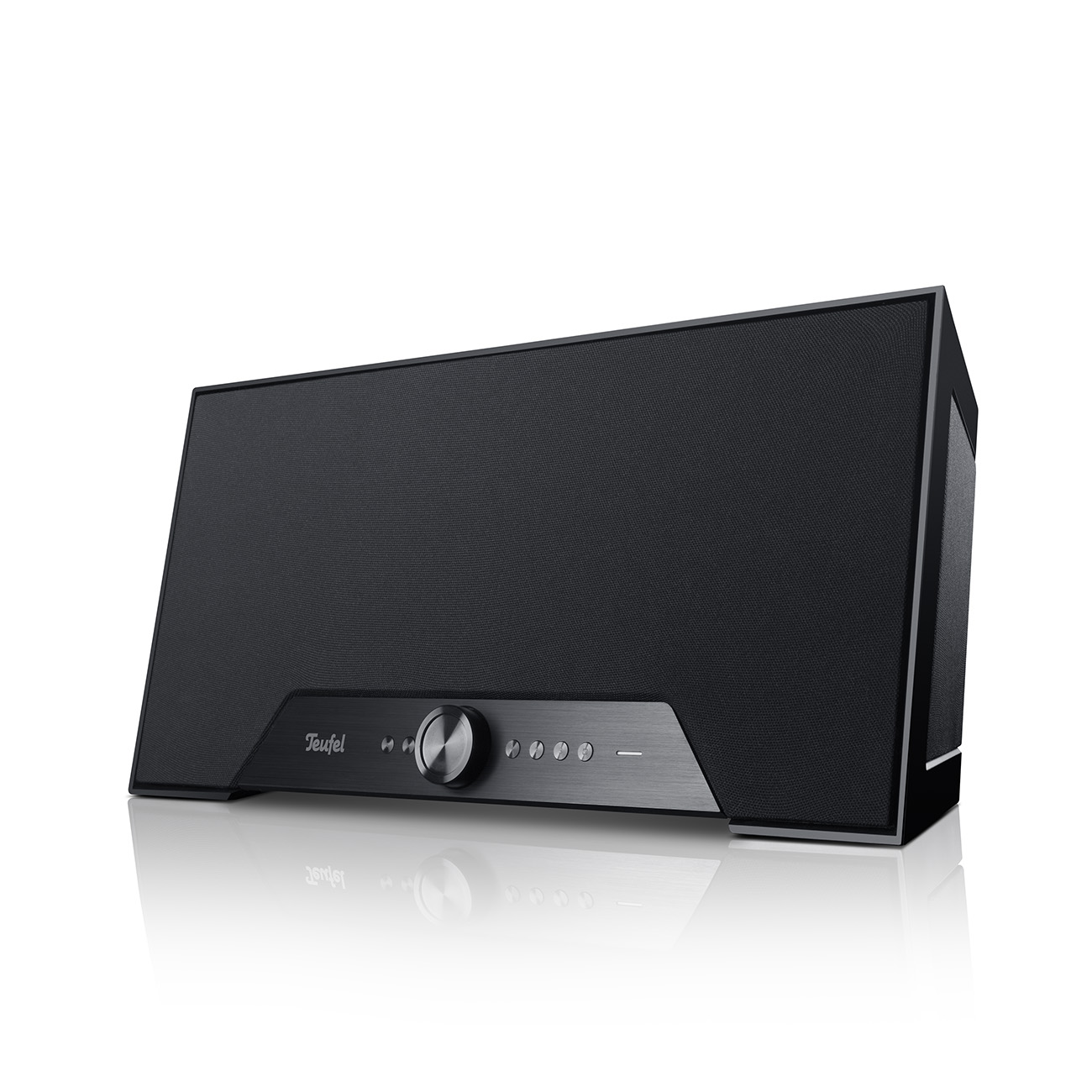 Een zwarte Teufel soundbar-luidspreker. Hij heeft een bedieningspaneel en staat op een reflecterend oppervlak.