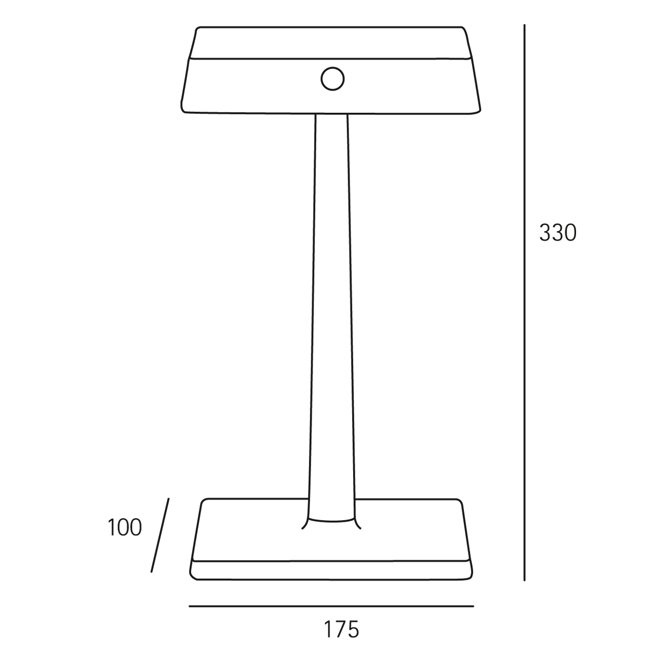 Strichzeichnung einer Lampe: Sockel, Stange und Oberteil, mit Abmessungen 100x175x330 mm.
