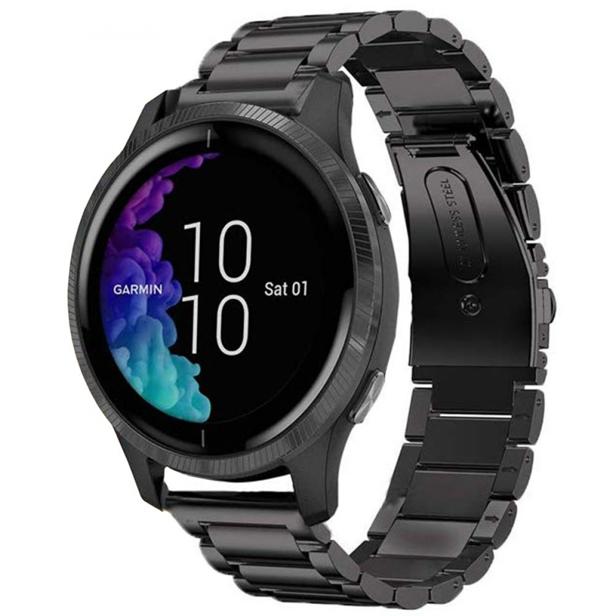 Schwarze Garmin-Smartwatch mit schwarzem Armband. Der Bildschirm zeigt Zeit und Datum.
