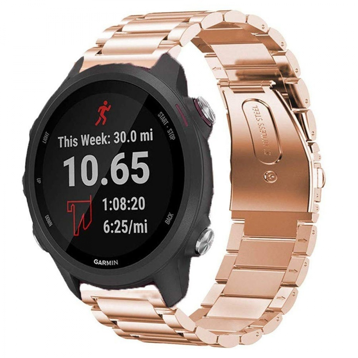 Roségold-Smartwatch mit Zeit, Distanz und Herzfrequenz.