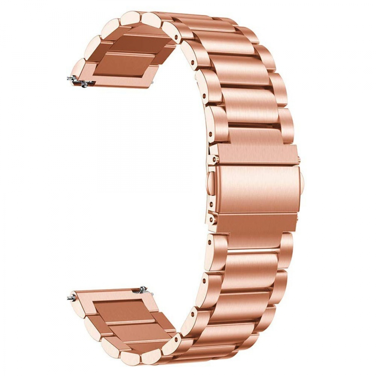 Ein roségoldenes Uhrenarmband auf weißem Hintergrund. Es besteht aus Metallgliedern.