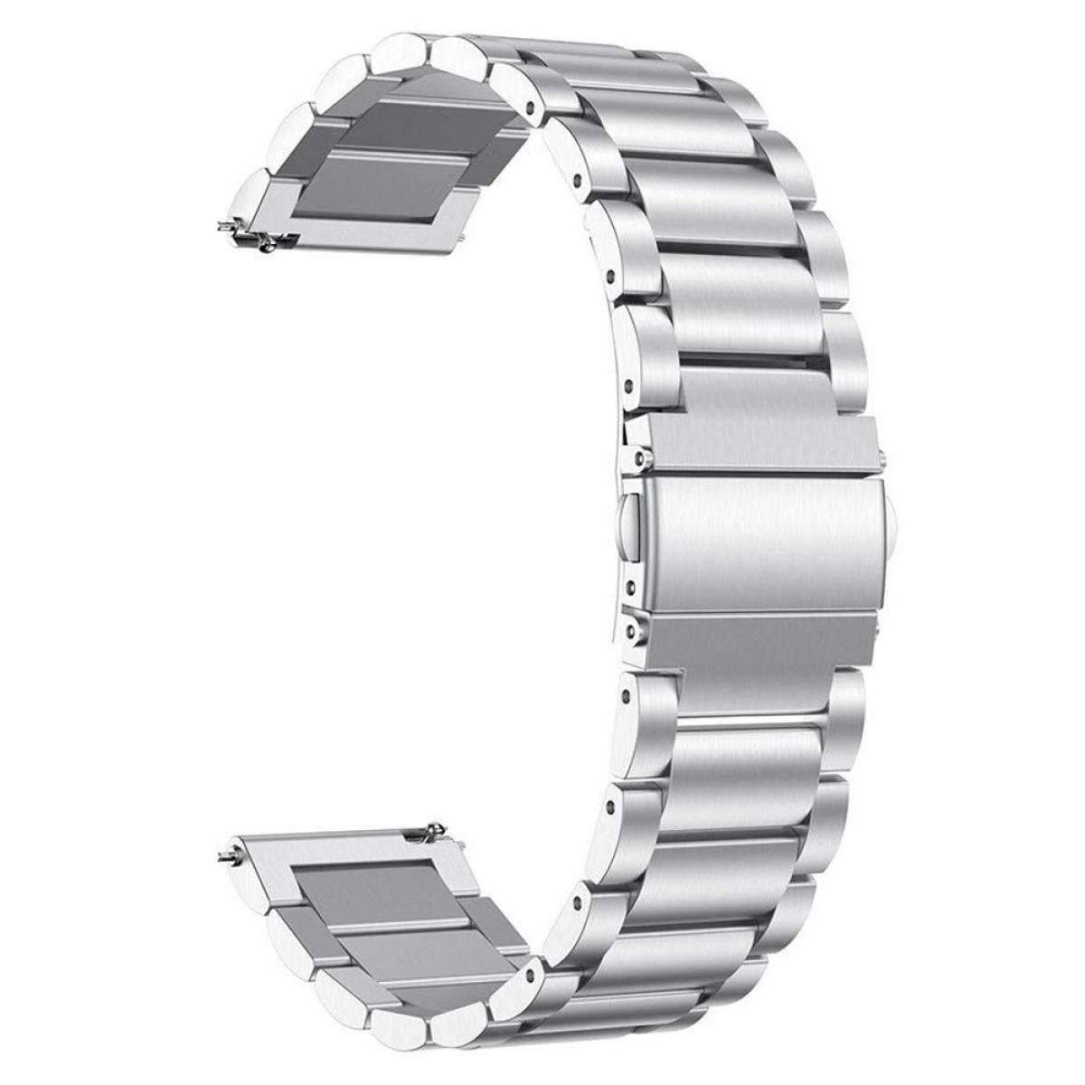 Ein Edelstahl-Uhrenarmband mit mehreren Gliedern. Verschluss ist sichtbar.