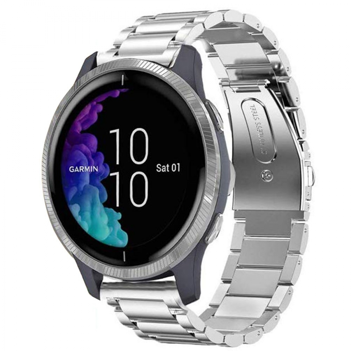 Garmin-Uhr mit silbernem Armband, zeigt Uhrzeit und Datum auf dem Bildschirm.