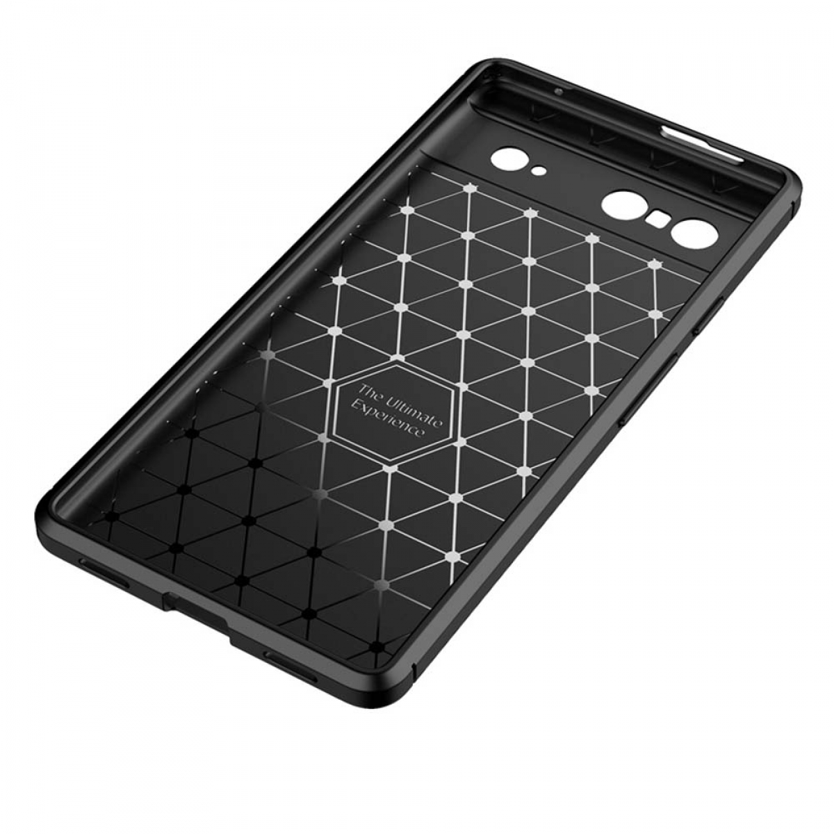 Schwarze Handyhülle mit geometrischem Muster und dem Text 'The Ultimate Experience'.