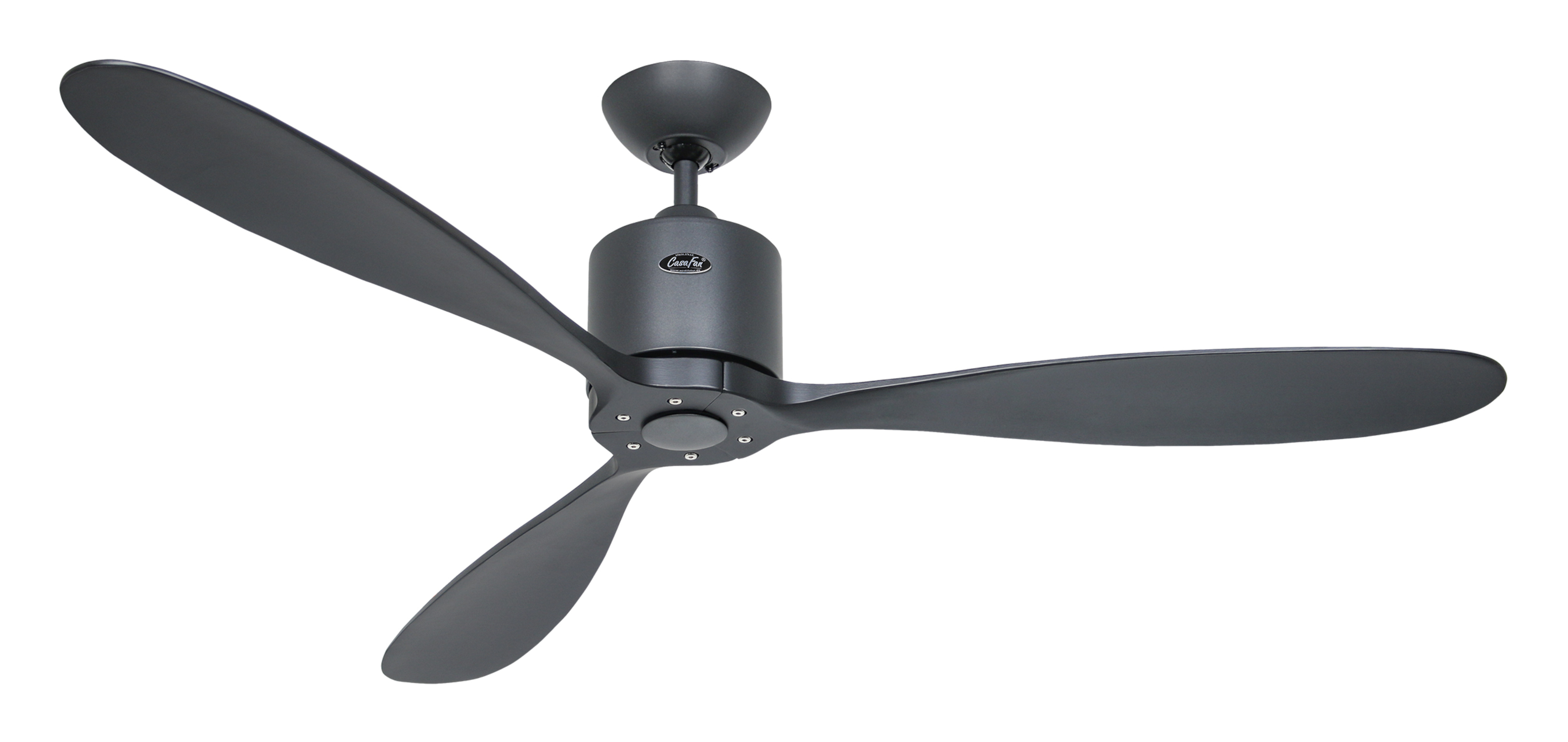 Un ventilatore da soffitto grigio scuro con tre pale. Ha un motore centrale e pale.