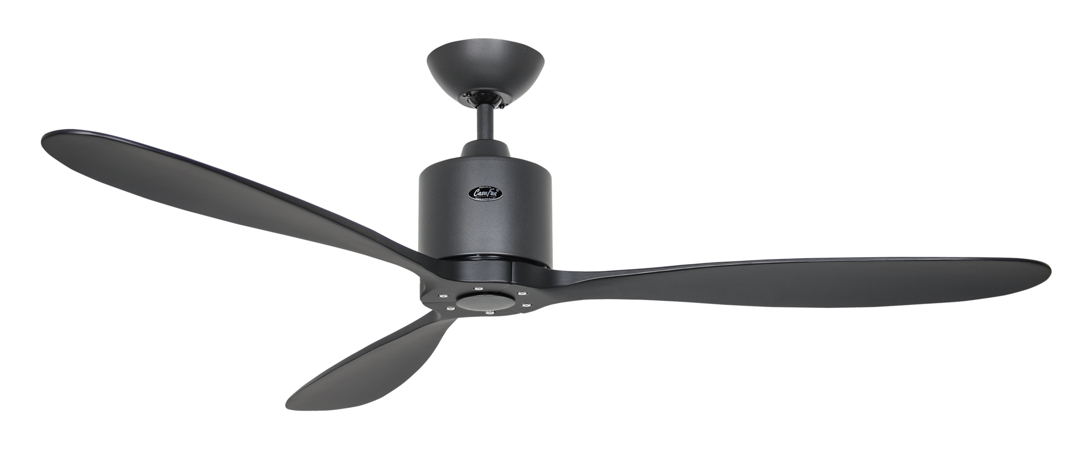 Ventilatore da soffitto nero a tre pale su sfondo bianco.