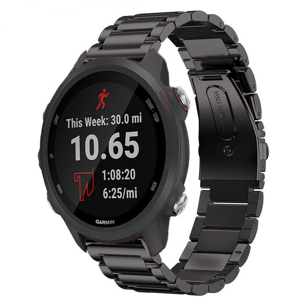 Eine schwarze Uhr mit schwarzem Metallarmband, die Metriken anzeigt.