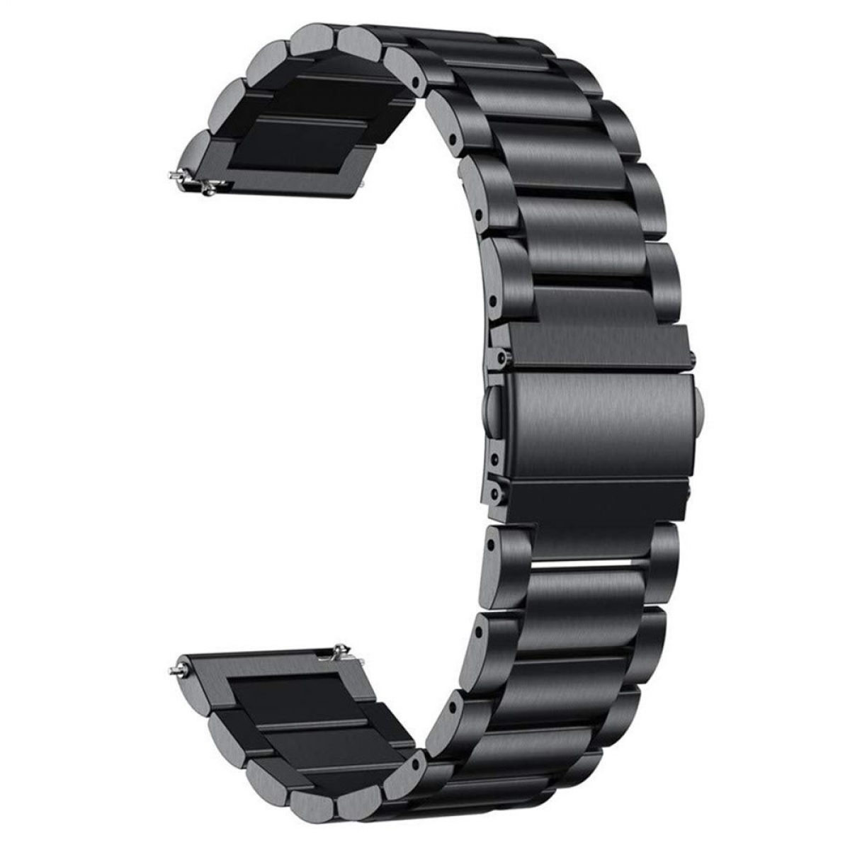 Ein schwarzes Uhrenarmband mit Metallverschluss, vor weißem Hintergrund.