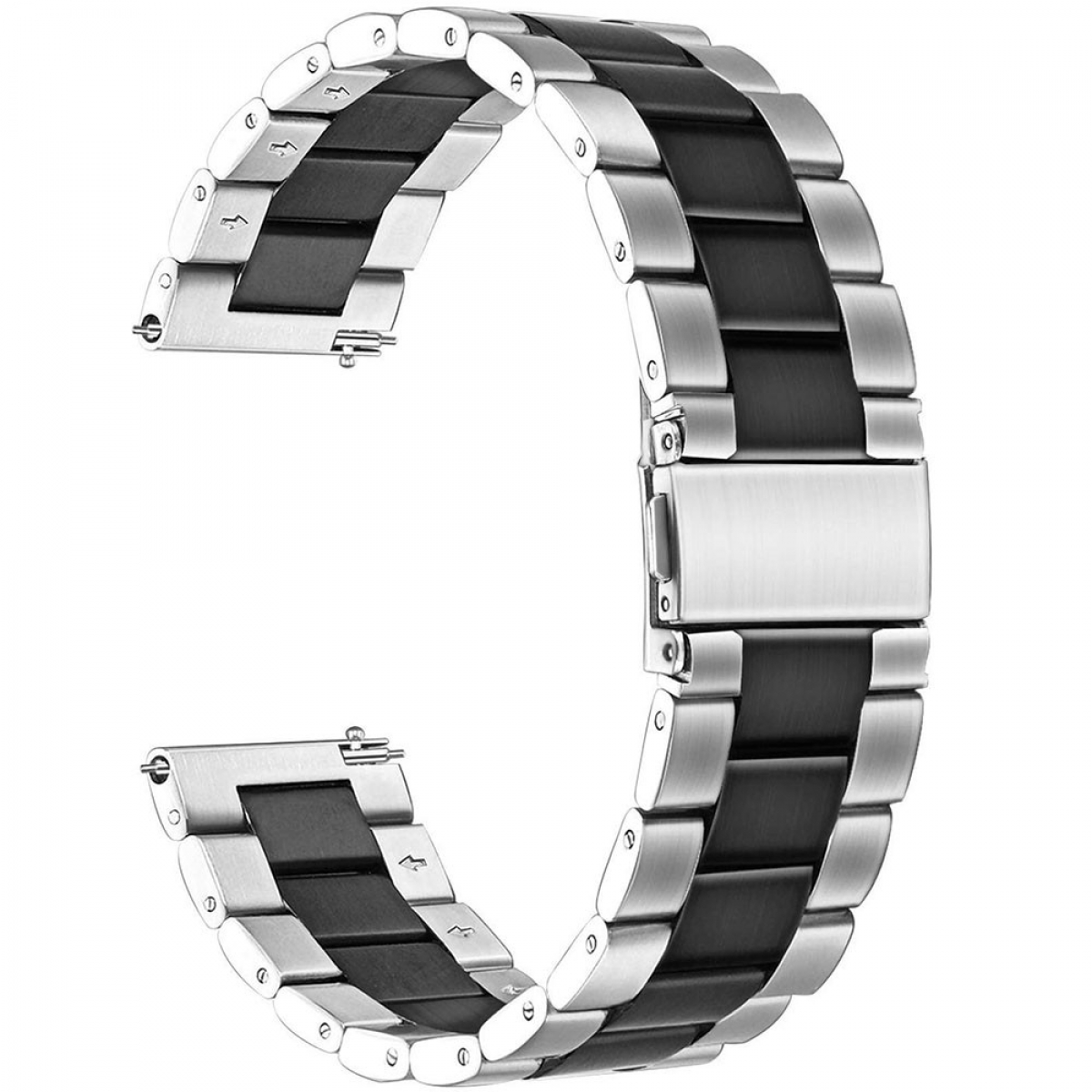 Armband mit silbernen Metallgliedern und schwarzen Gummieinsätzen. Es ist offen und zeigt den Verschlussmechanismus.
