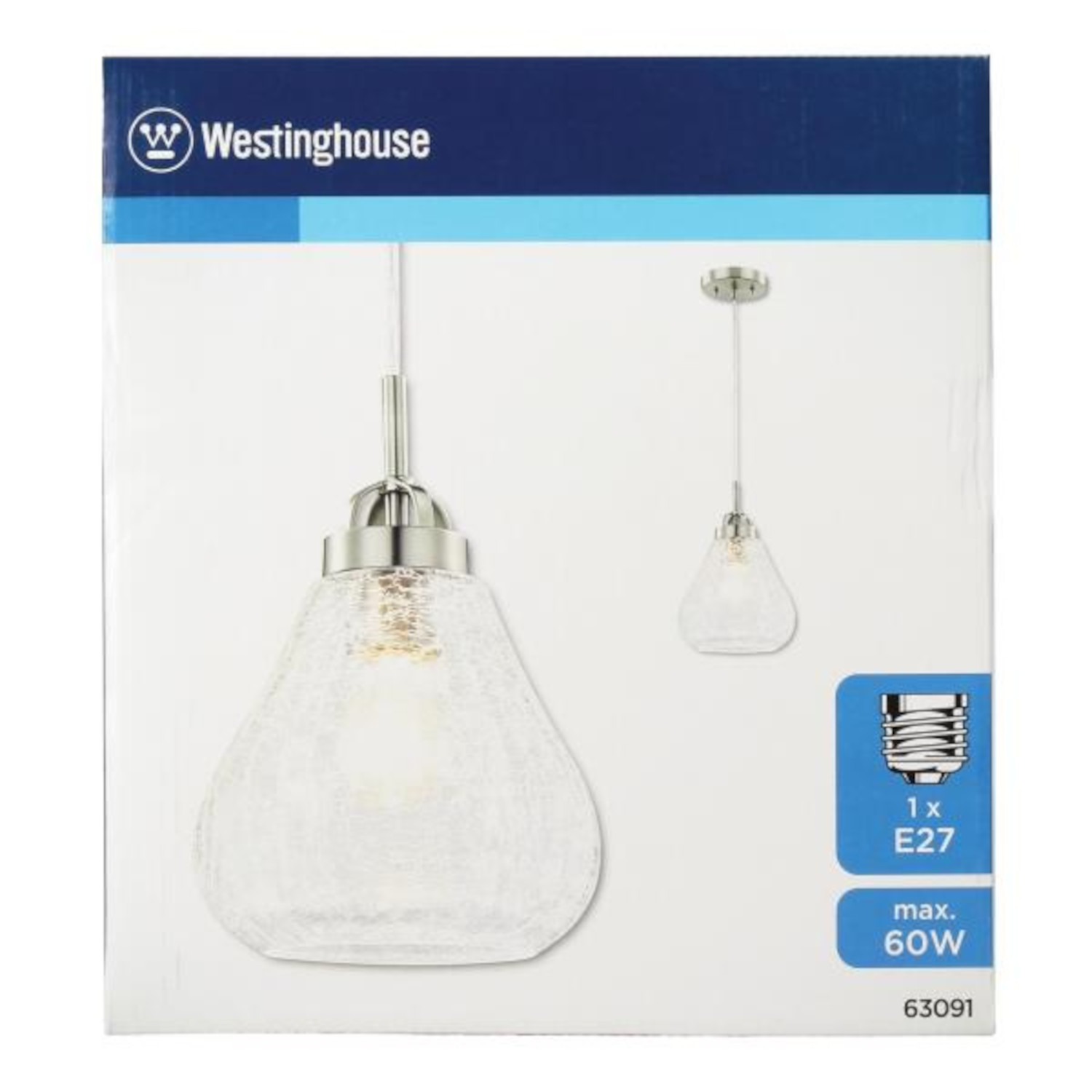 Box mit Westinghouse-Pendelleuchte. Es ist ein klarer Glasschirm mit silberner Halterung. Die Box hat Spezifikationen und ein Logo.