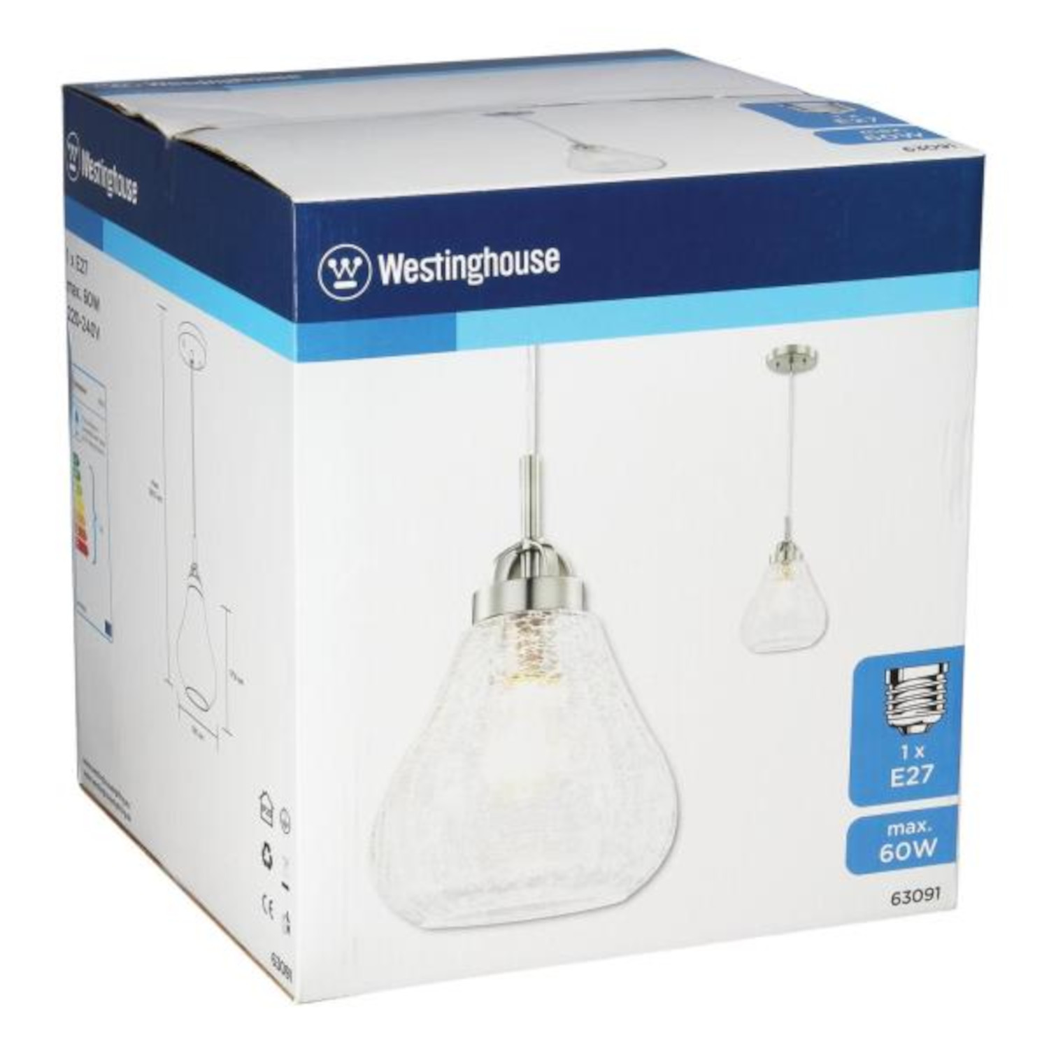 Eine Schachtel mit einer Westinghouse-Pendelleuchte. Die Leuchte hat einen tropfenförmigen Glasschirm. Die Schachtel zeigt die Leuchte und Details.