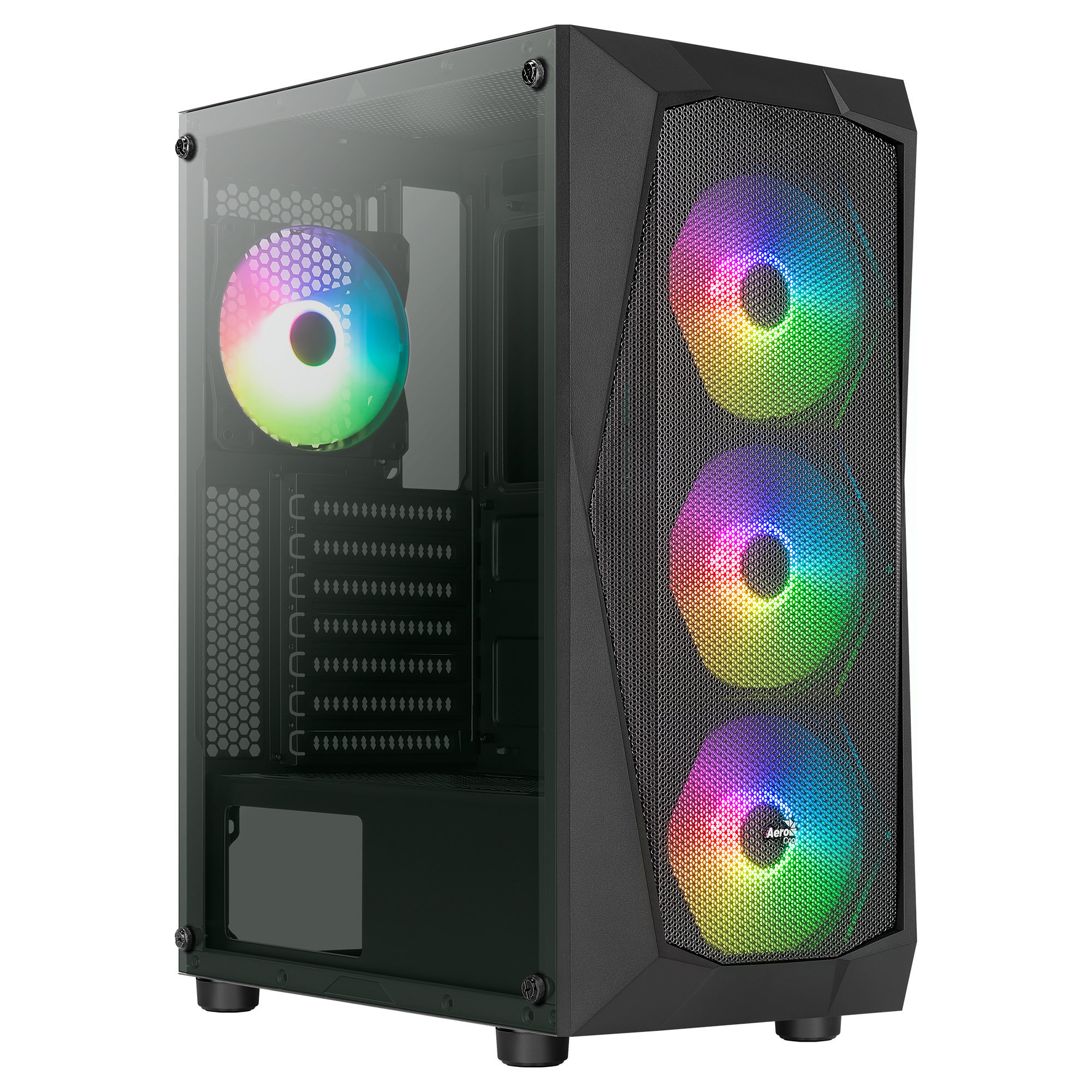 Un case per computer con un pannello laterale in vetro. Ha tre ventole luminose e una parte anteriore a rete per il flusso d'aria.
