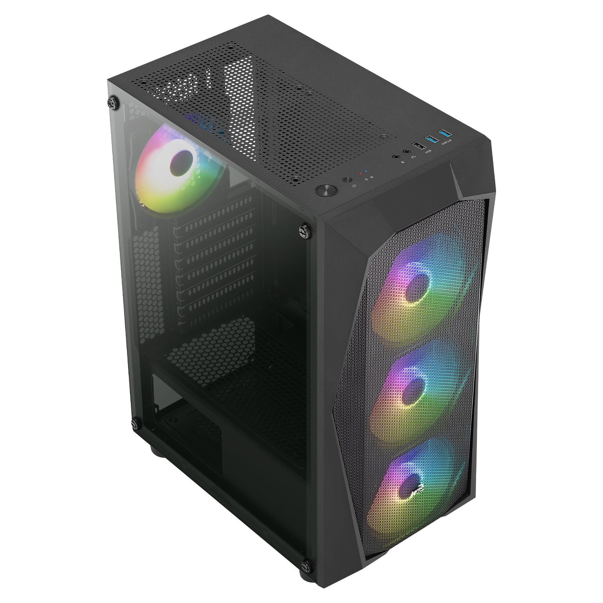 Case PC nero con pannello laterale in vetro. Ha tre ventole anteriori con luci arcobaleno e una ventola superiore.