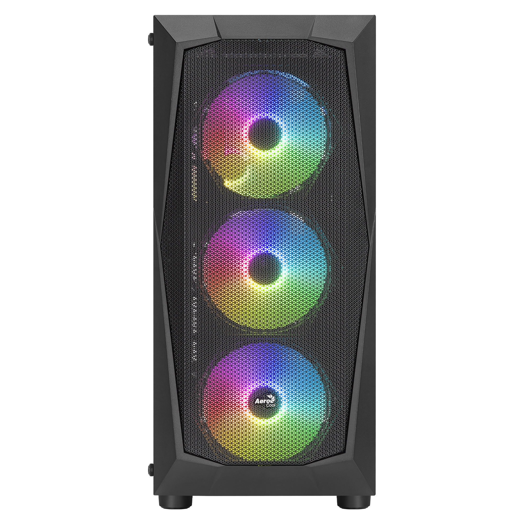 Case nero per computer con tre ventole colorate.