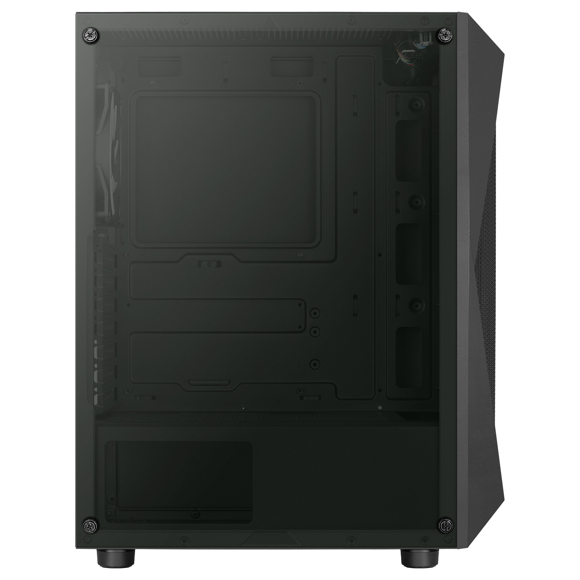 Case per computer nero con pannello laterale trasparente. All'interno ci sono componenti e una ventola.