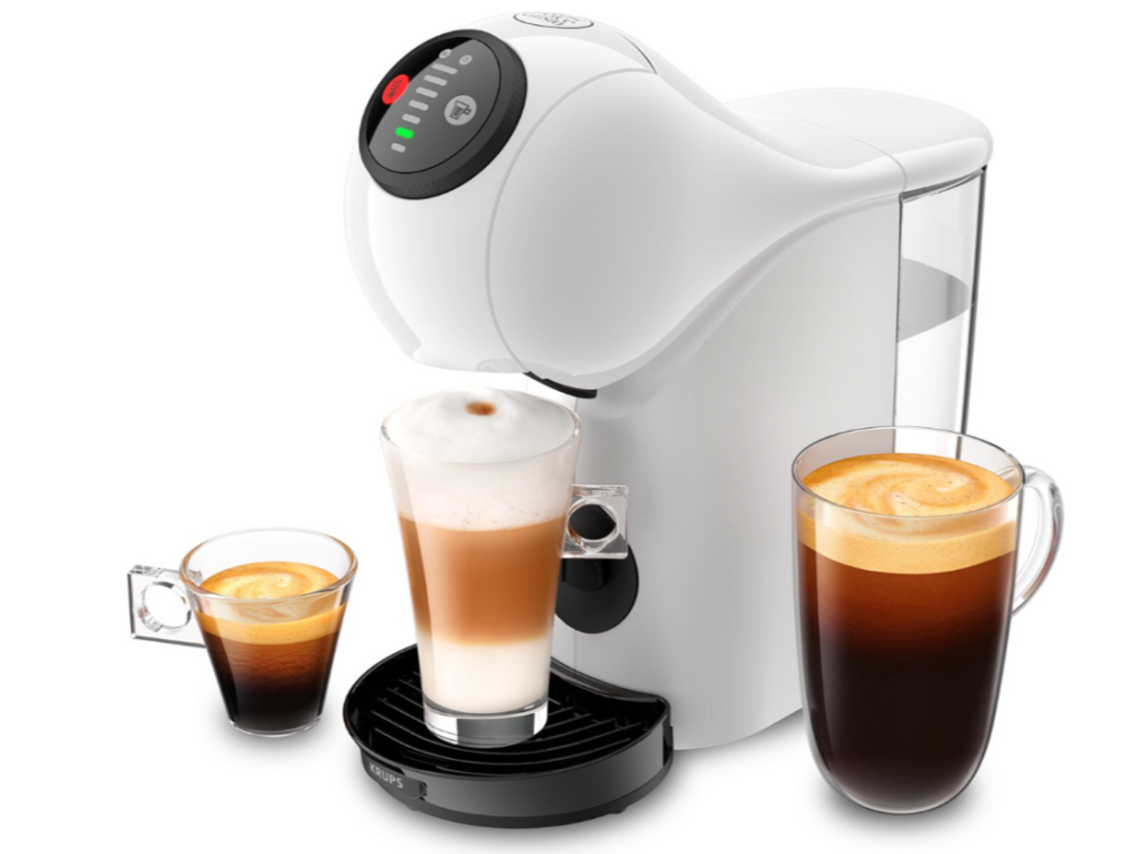 Witte koffiemachine met drie glazen koffie: espresso, latte en een donkere koffie.