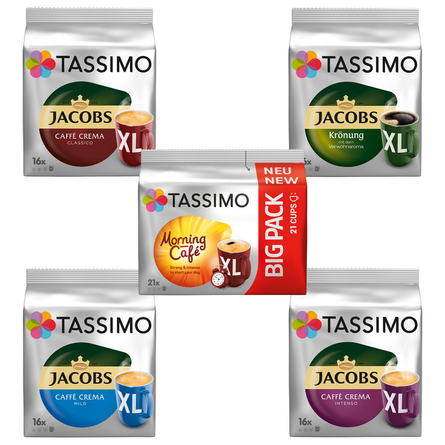 TASSIMO Vielfaltspaket Mild Sorten Becherportionen Krönung Kaffeekapseln XL Intenso Crema Café (Tassimo Maschine (T-Disc System)) 5 Morning